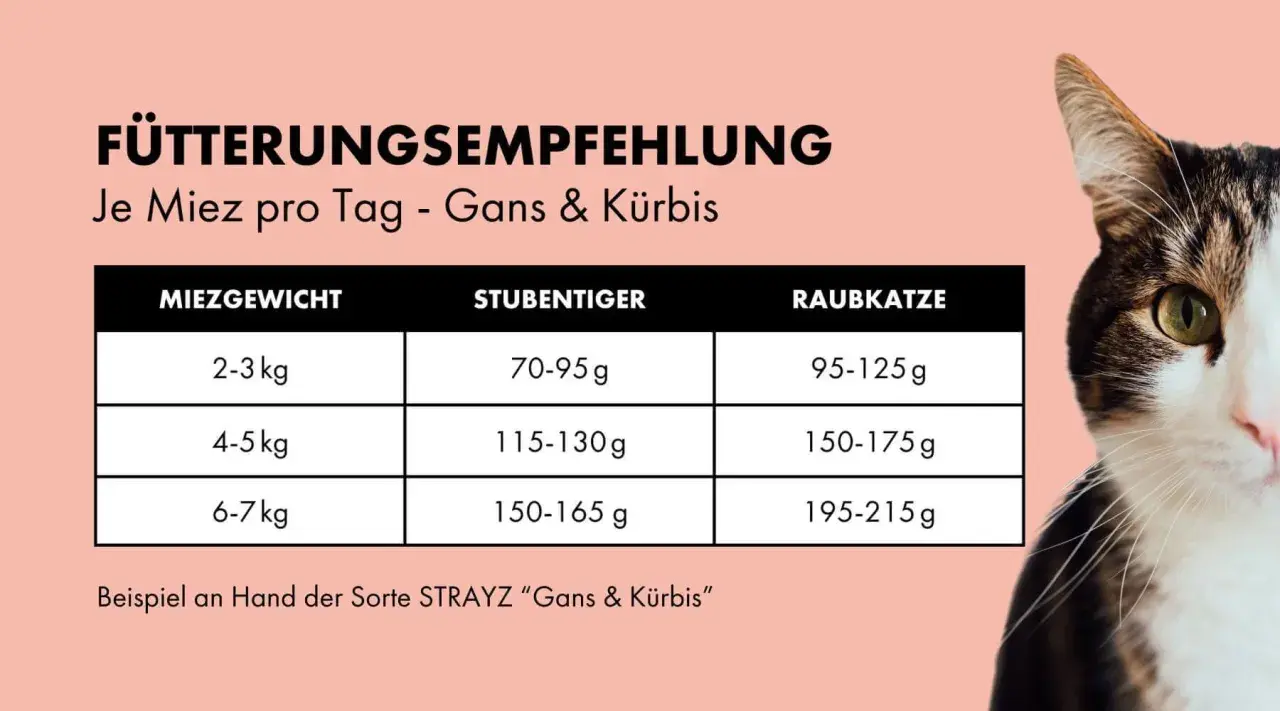 Tabelle: wieviel trockenfutter und nassfutter katze? Empfehlung für Katzenfutter (Gans & Kürbis) nach Gewicht und Aktivität.