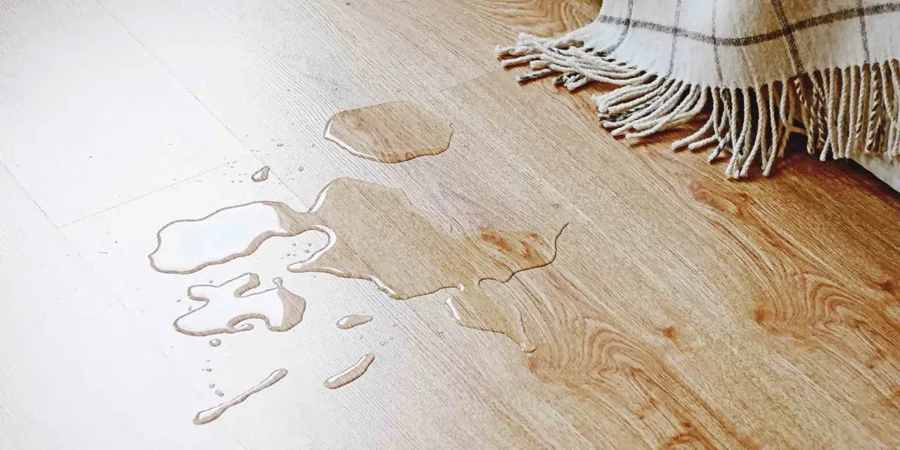 Ein Hund markiert in fremder Wohnung. Wasserflecken auf hellem Holzboden, daneben eine Decke.