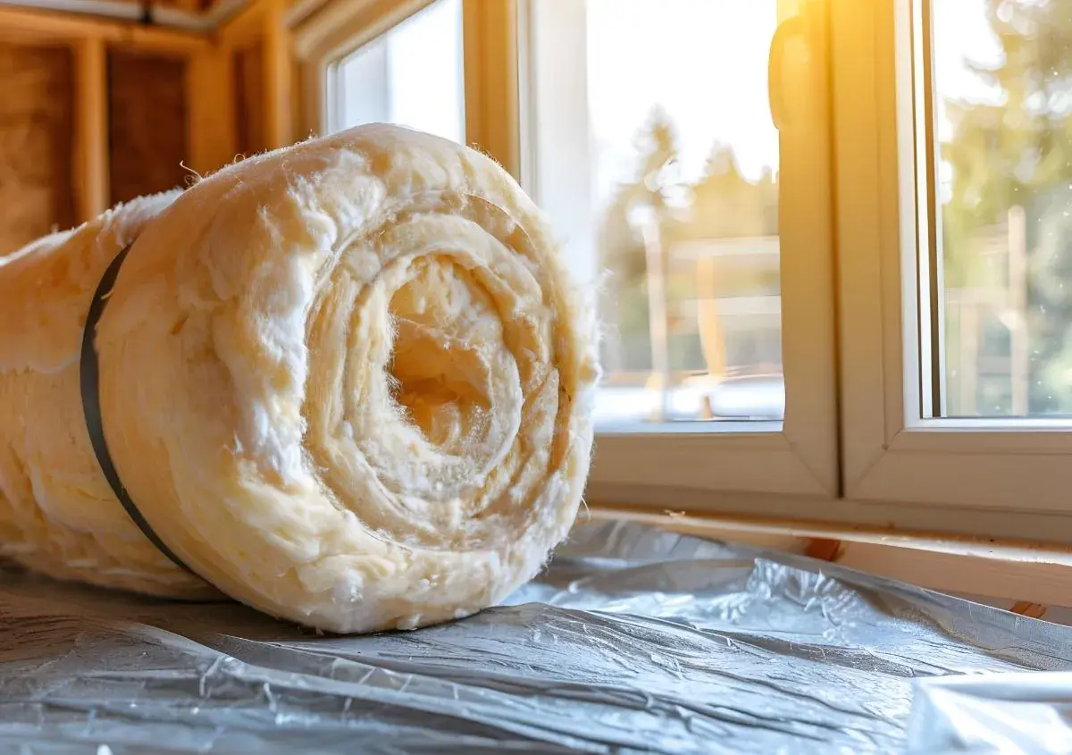 Rotolo di materiale isolante per coibentazione interna, pronto per essere installato in una casa in costruzione.