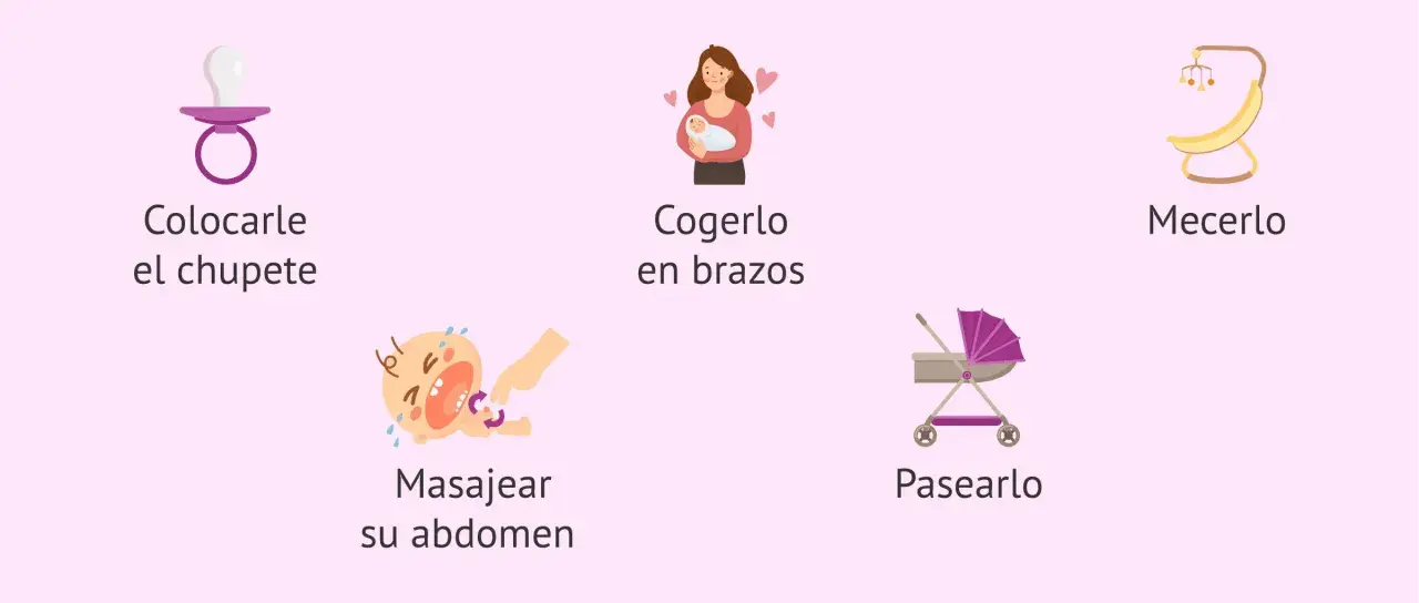 Consejos para calmar a un bebé en crisis: chupete, brazos, mecerlo, masaje abdominal y paseo.