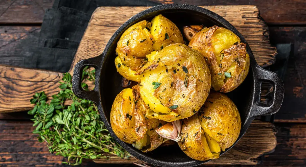 Patatas al horno doradas y crujientes, con hierbas y ajo, servidas en una sartén de hierro fundido sobre una tabla de madera.
