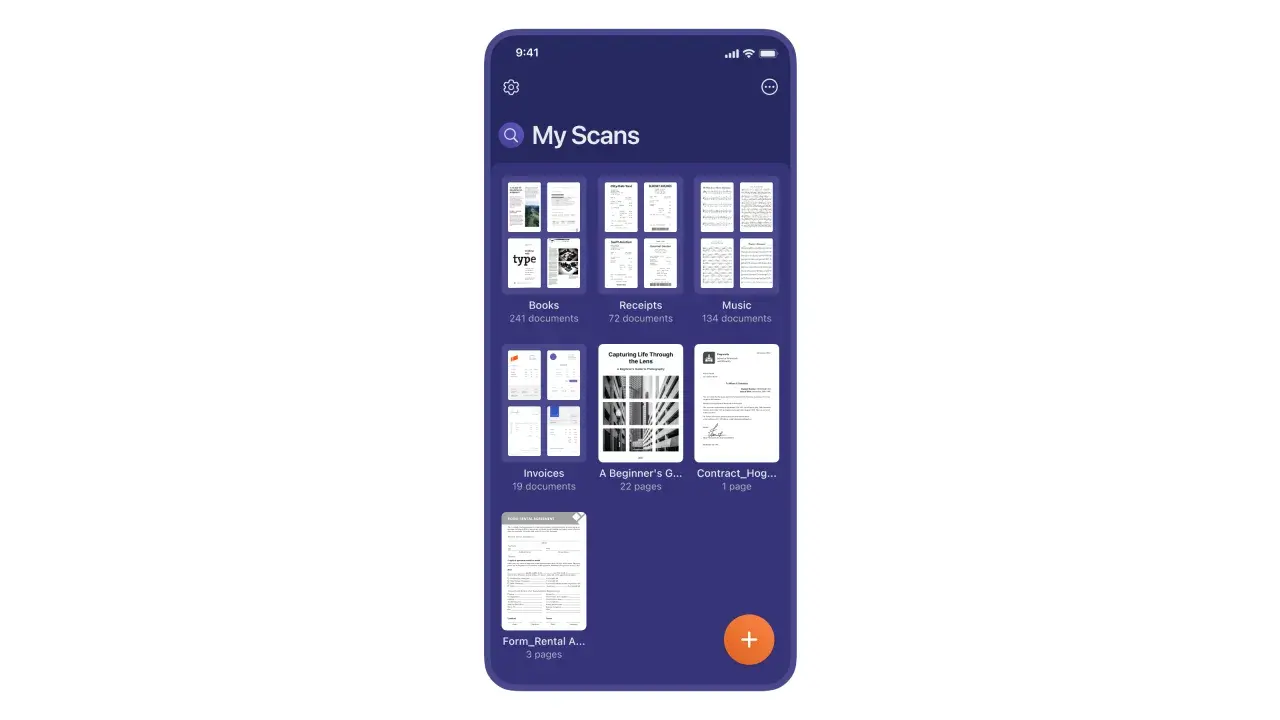 Pantalla de "Mis Escaneos" en un iPhone, mostrando cómo escanear con iPhone es fácil. Organiza tus documentos por tipo: libros, recibos, música, facturas y más.