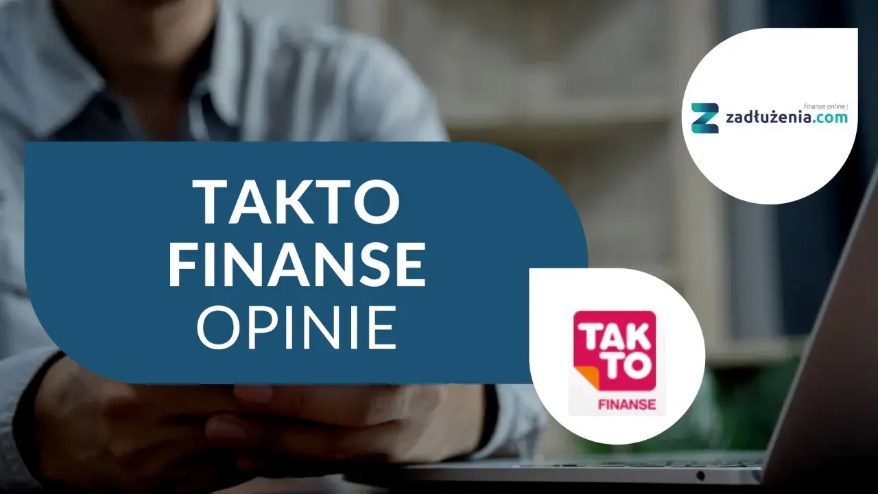 Opinie o takto finanse. Logo "Tak To Finanse" i "Zadłużenia.com" na tle osoby pracującej przy laptopie.