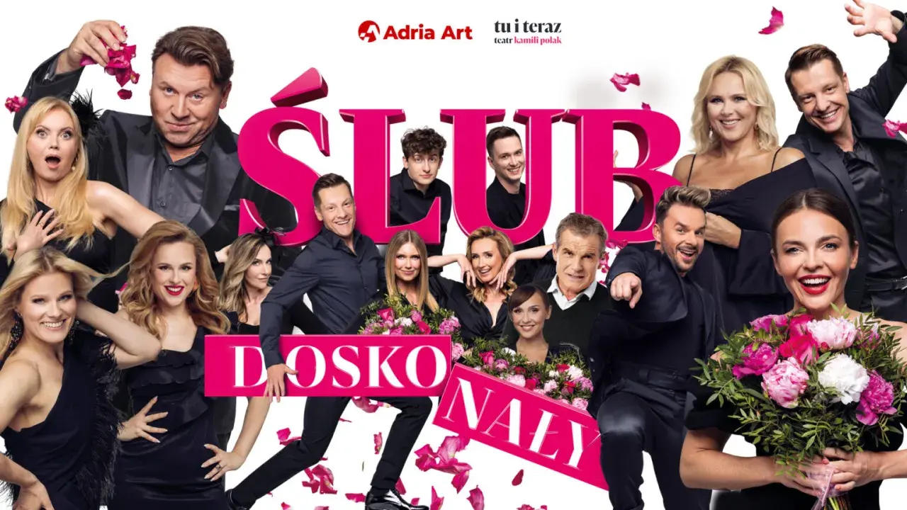 Ślub doskonały obsada: uśmiechnięci aktorzy i aktorki w eleganckich strojach, z różami w dłoniach, na tle napisu "ŚLUB DOSKONAŁY".