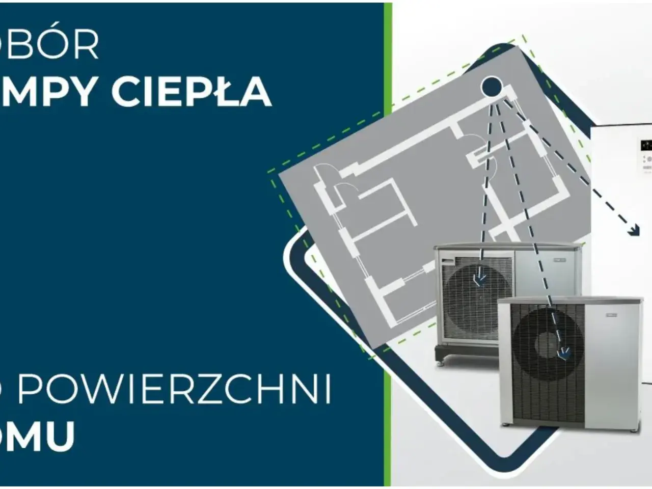 Jak dobrać moc pompy ciepła? Schemat domu z dwoma jednostkami zewnętrznymi i liniami wskazującymi ich działanie.