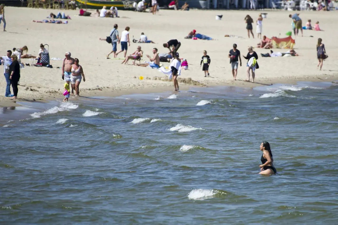 Plaża pełna ludzi, a w wodzie kąpie się kobieta. Warto sprawdzić, ile stopni ma Bałtyk latem, by móc cieszyć się takimi widokami.