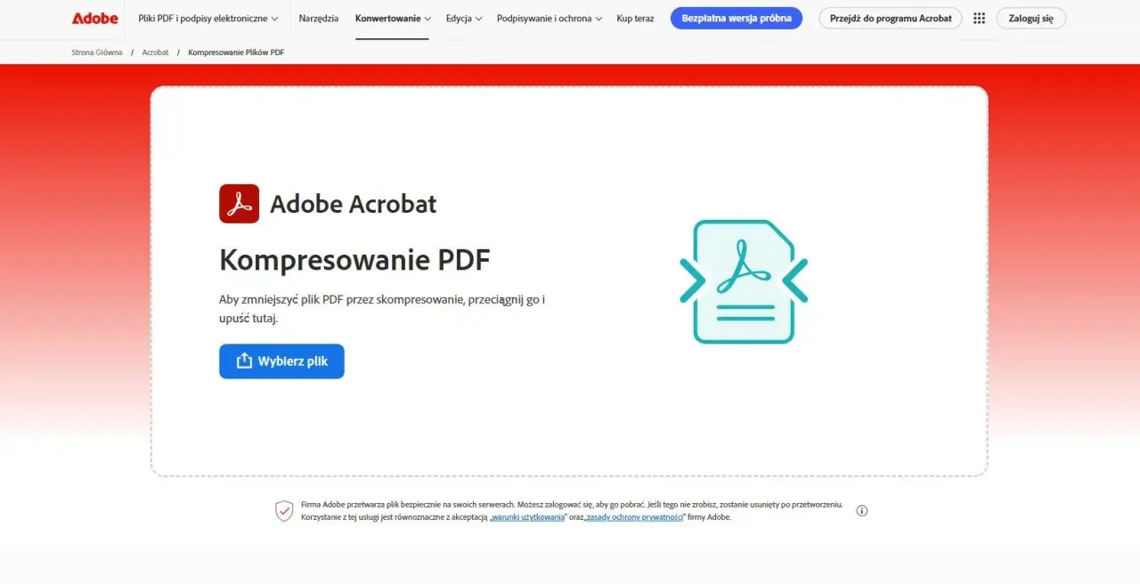 Strona Adobe Acrobat do kompresowania PDF. Dowiedz się, jak zmniejszyć rozmiar pliku PDF, przeciągając go lub wybierając.