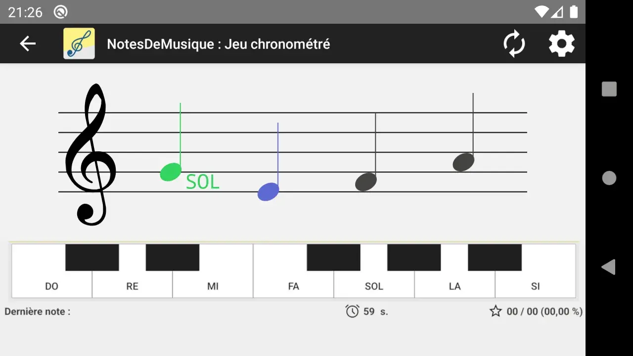 Une partition avec une clé de sol et plusieurs notes. La note SOL est mise en évidence. Un clavier de piano virtuel affiche les notes DO, RE, MI, FA, SOL, LA, SI.