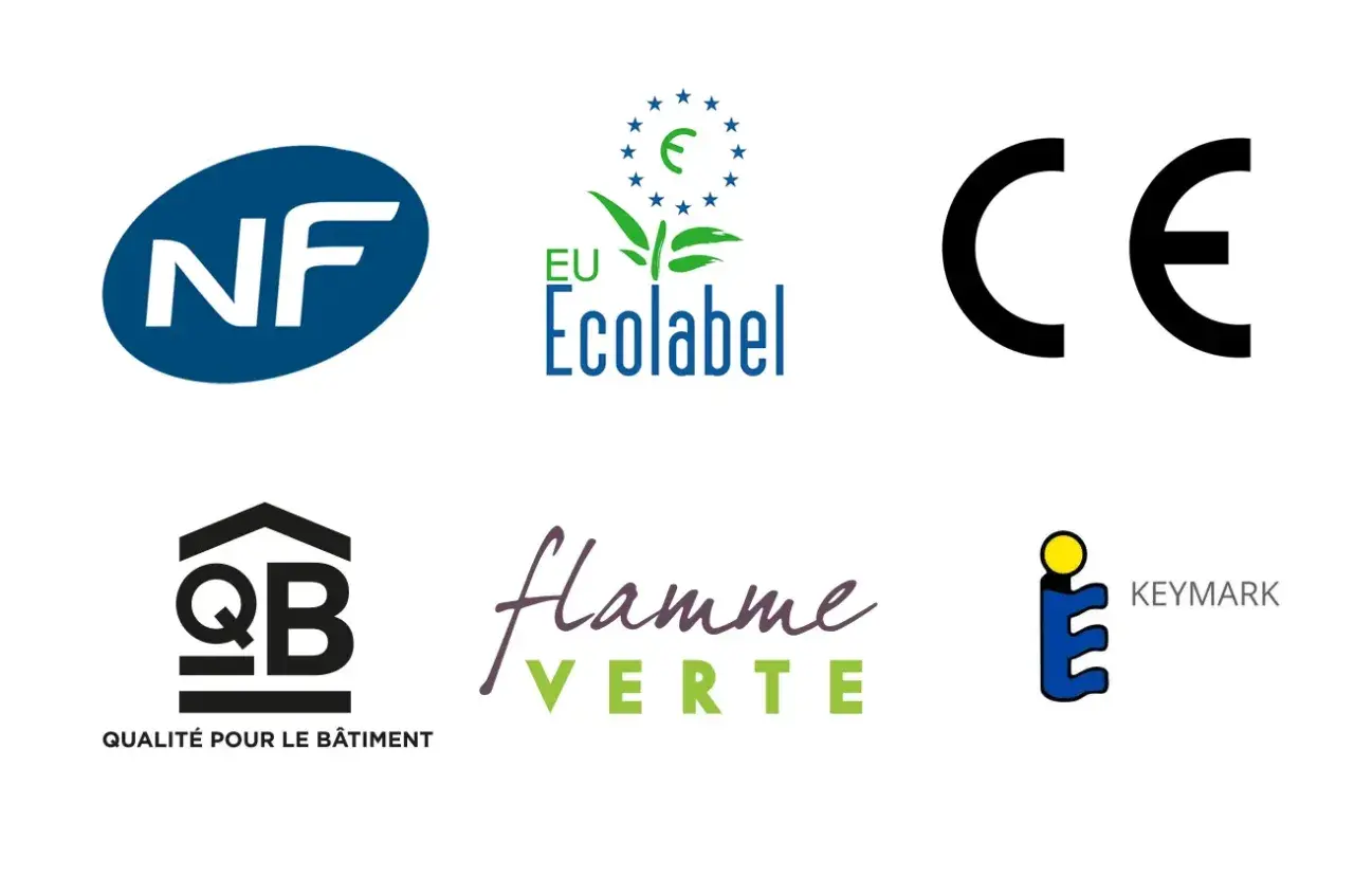 Six logos : NF, EU Ecolabel, CE, QB, Flamme Verte, et KEYMARK. Le logo CE indique la conformité européenne.