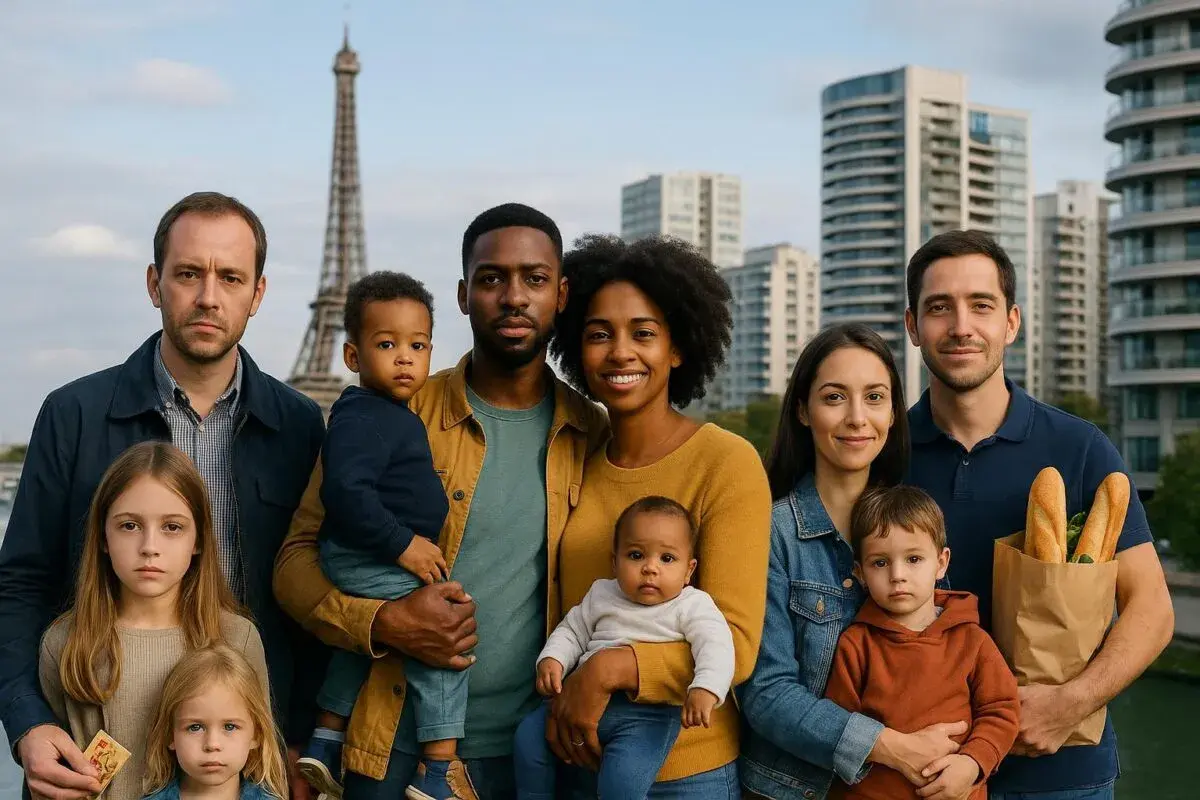 Familles diverses devant la Tour Eiffel, symbolisant la classe moyenne et son salaire, avec des enfants et des courses.