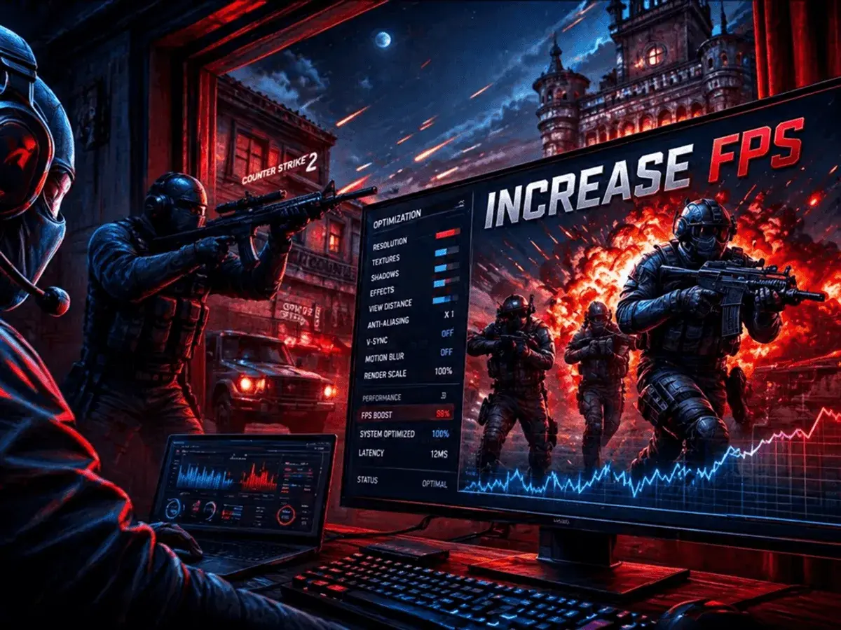 Gracz optymalizuje ustawienia CS2, by zwiększyć FPS. Na ekranie widać menu optymalizacji i grafikę z żołnierzami.