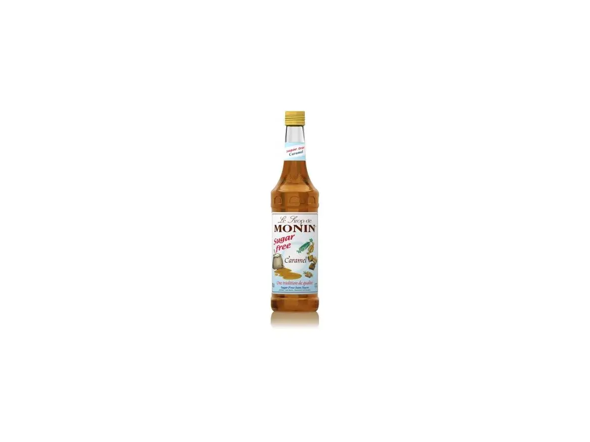 Butelka syropu Monin karmel bez cukru. Idealny do kawy i deserów, by dodać słodkiego, karmelowego smaku.