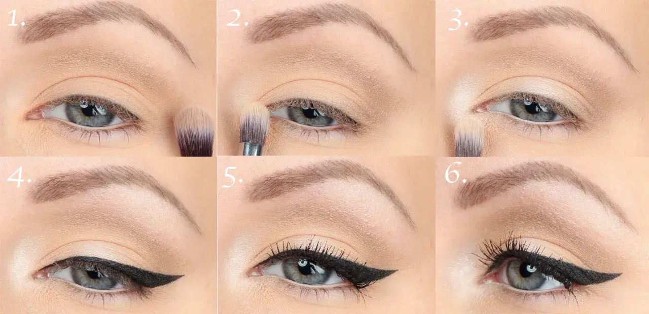 Steg-för-steg guide för en klassisk 50 tals smink-look med eyeliner och mascara.