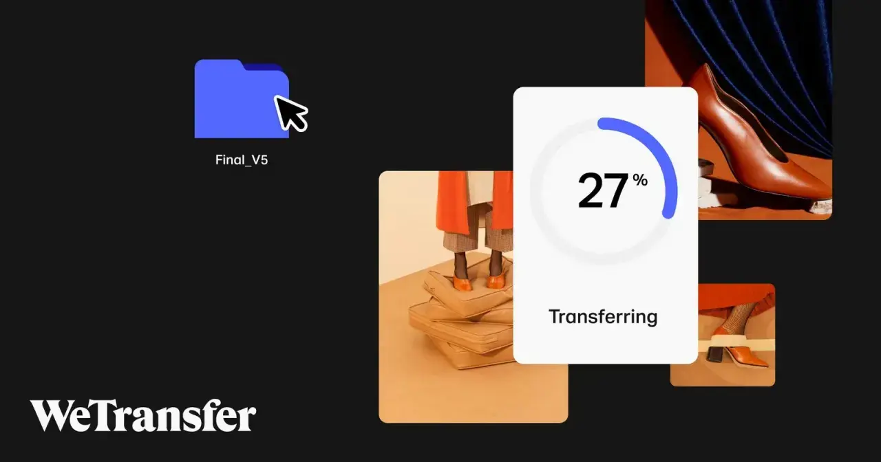 Folder "Final_V5" jest przesyłany. Widzimy postęp 27% na ekranie WeTransfer.