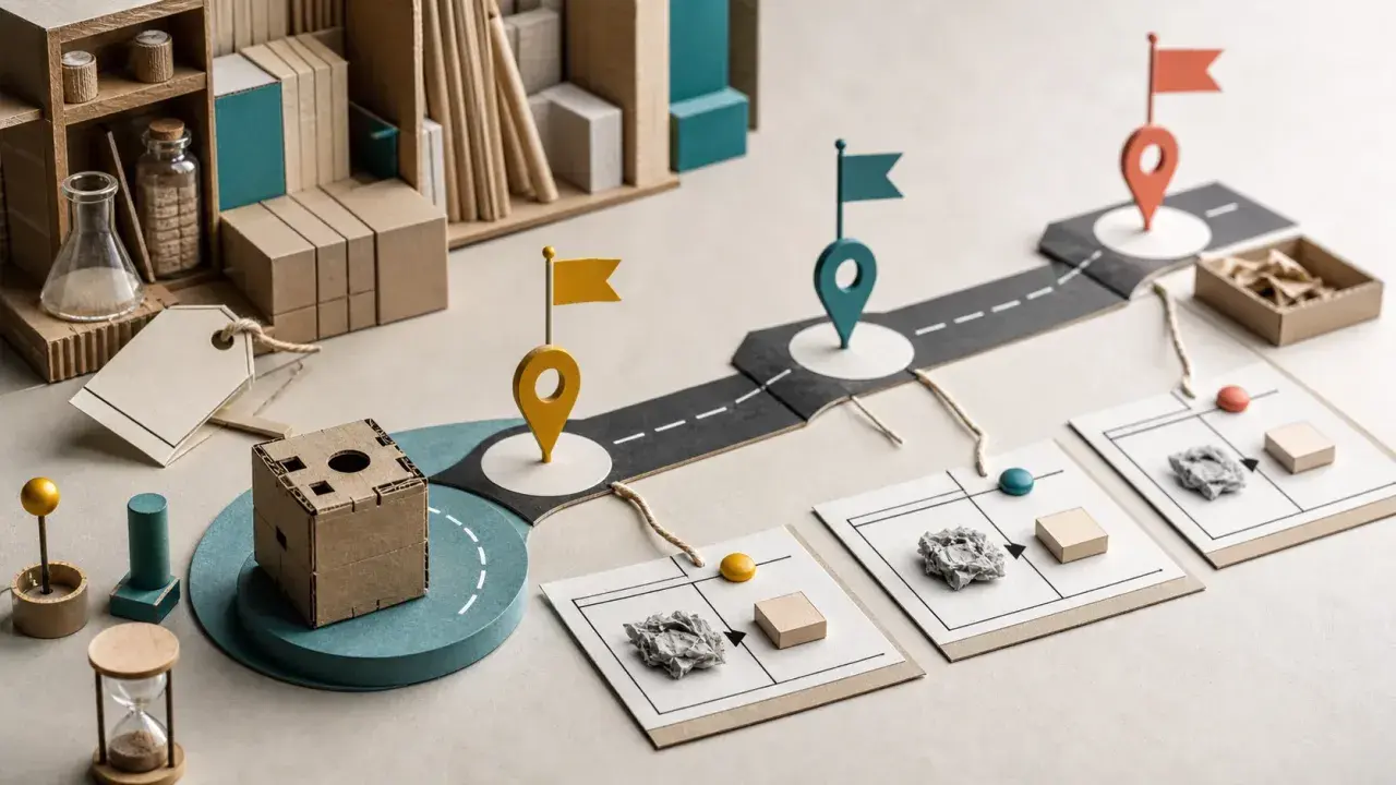 Un mapa de ruta visual que representa el **método lean startup**, con marcadores de ubicación, cajas de cartón y elementos que sugieren experimentación y desarrollo.