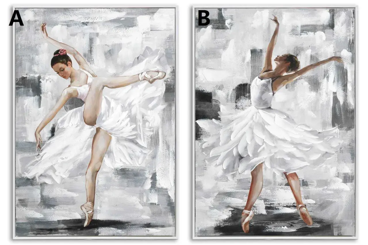 Dos cuadros de bailarinas en movimiento, con tutús blancos vaporosos y fondos abstractos en blanco y negro.