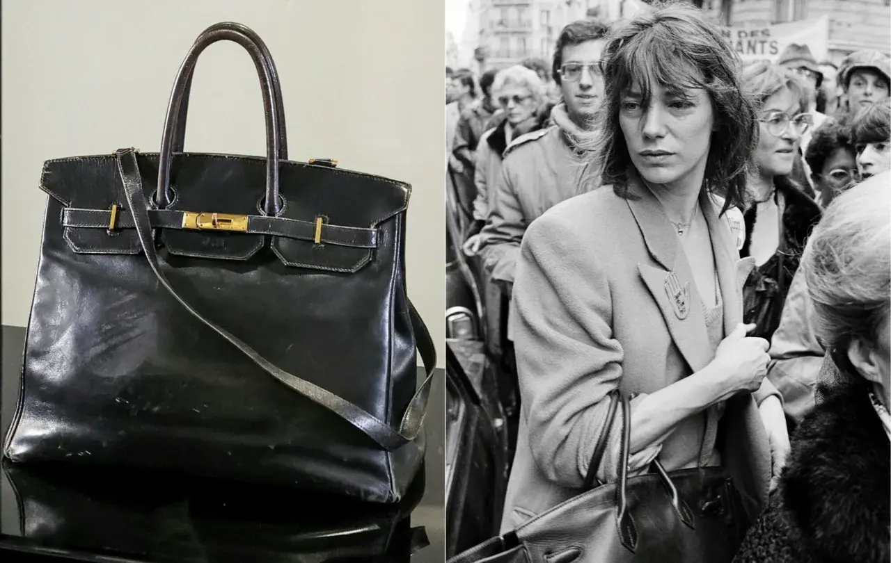 Czarna, skórzana torba, być może najdroższa torebka na świecie, obok Jane Birkin w tłumie.