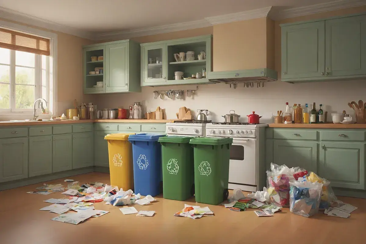 Cztery kosze na śmieci w kuchni, symbolizujące co to recykling, z porozrzucanymi papierami i workami.