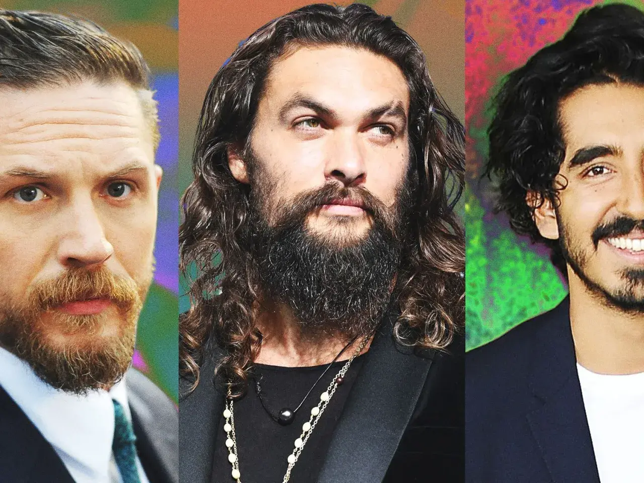 Trzech mężczyzn z różnymi stylami brody: Tom Hardy, Jason Momoa i Dev Patel. Inspiracja do modelowania brody.