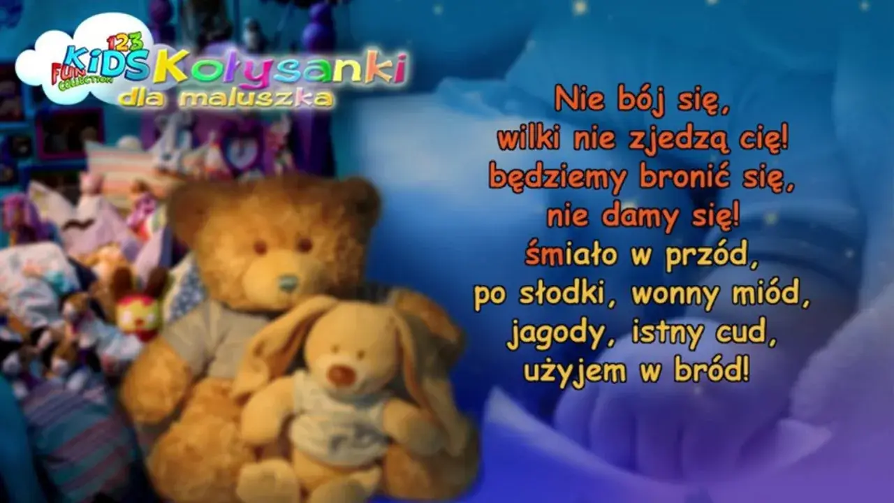 Pluszowe misie i króliczek na tle nocnego nieba z tekstem piosenki.