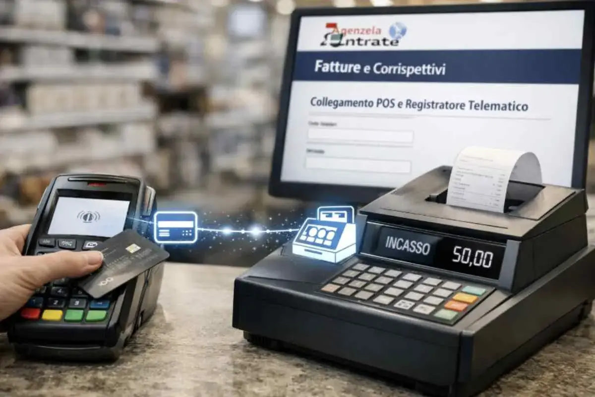 Pagamento con carta su un terminale POS, collegato a un registratore di cassa. L'obbligo POS è una realtà per semplificare le transazioni.