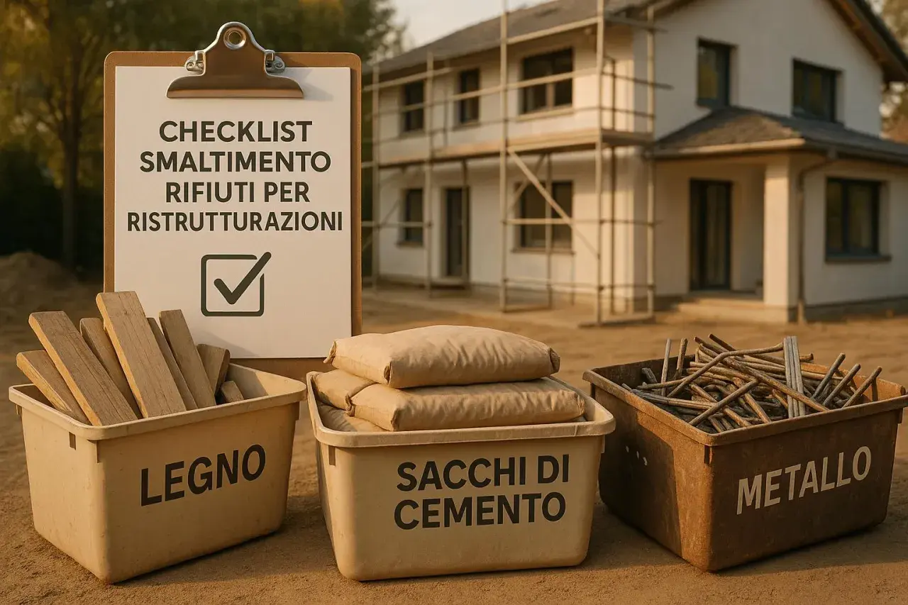 Checklist per lo smaltimento rifiuti edili in cantiere: legno, sacchi di cemento e metallo.