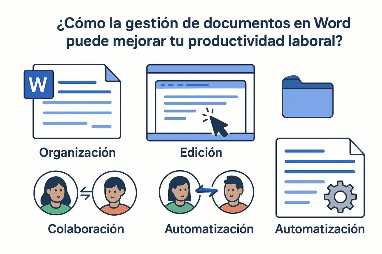 Iconos ilustran organización, edición, colaboración y automatización de documentos en Word, mejorando la productividad. Metadatos Word.