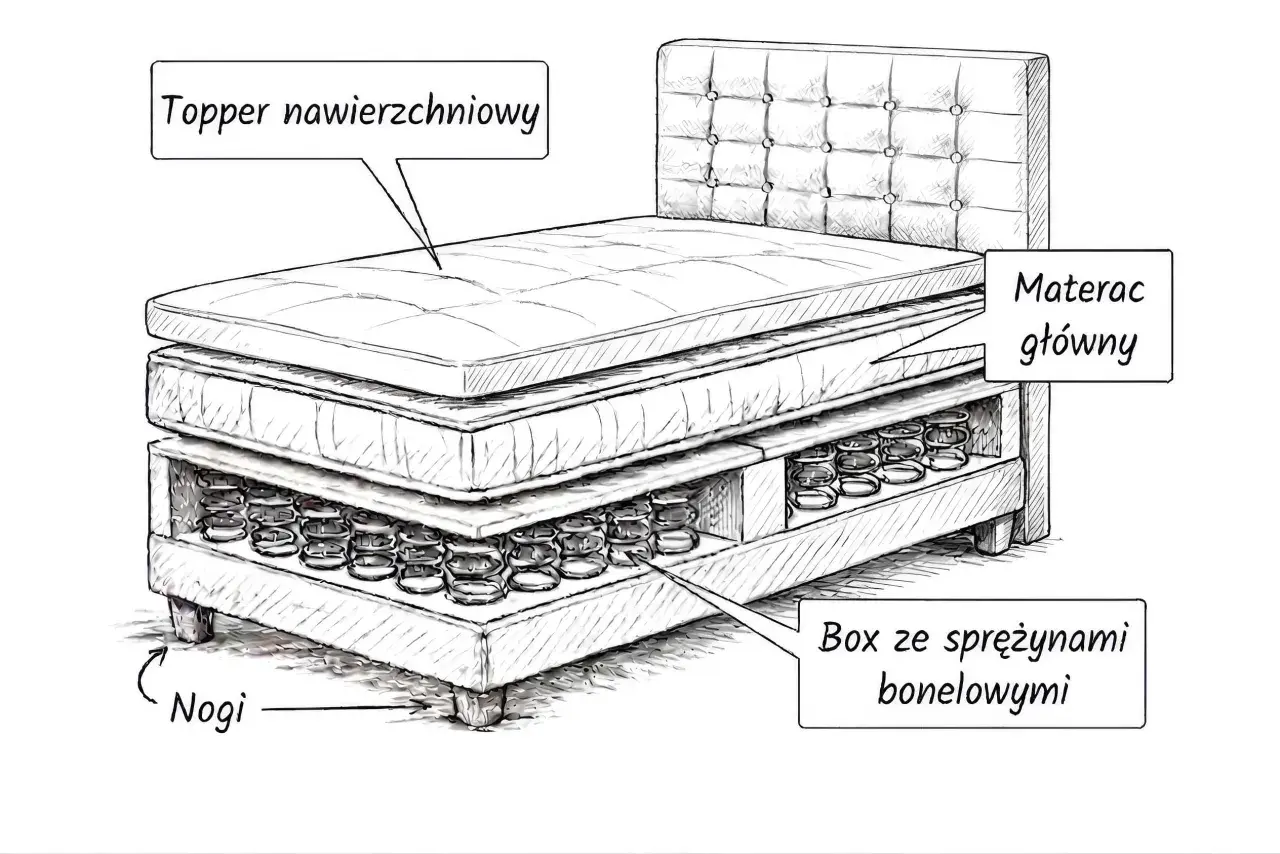 Łóżko kontynentalne to wielowarstwowa konstrukcja: nogi, box ze sprężynami bonelowymi, materac główny i topper nawierzchniowy.