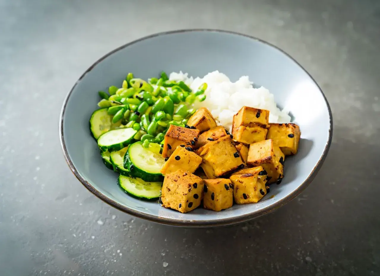 Miseczka z ryżem, zielonym groszkiem, ogórkiem i kostkami aromatycznego, wędzonego tofu.