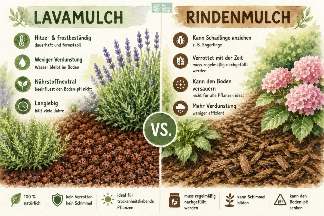 Lavamulch schützt Pflanzen vor Hitze und Frost, hält Wasser im Boden und ist langlebig. Rindenmulch verrottet und muss nachgefüllt werden.