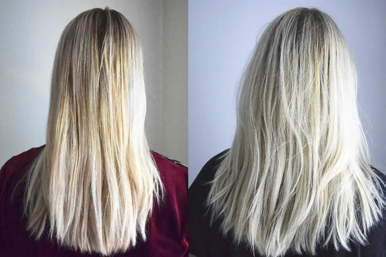 Två bilder av blont hår. Vänster bild visar torrt hår med synliga gula toner. Höger bild visar samma hår efter användning av silverschampo, med en kallare, silveraktig ton.