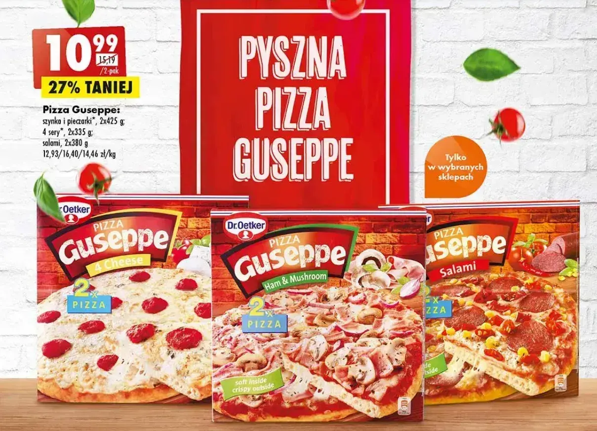 Pyszna pizza Guseppe w promocji! Wybierz spośród wariantów 4 sery, szynka i pieczarki lub salami. Najlepsza mrożona pizza czeka!