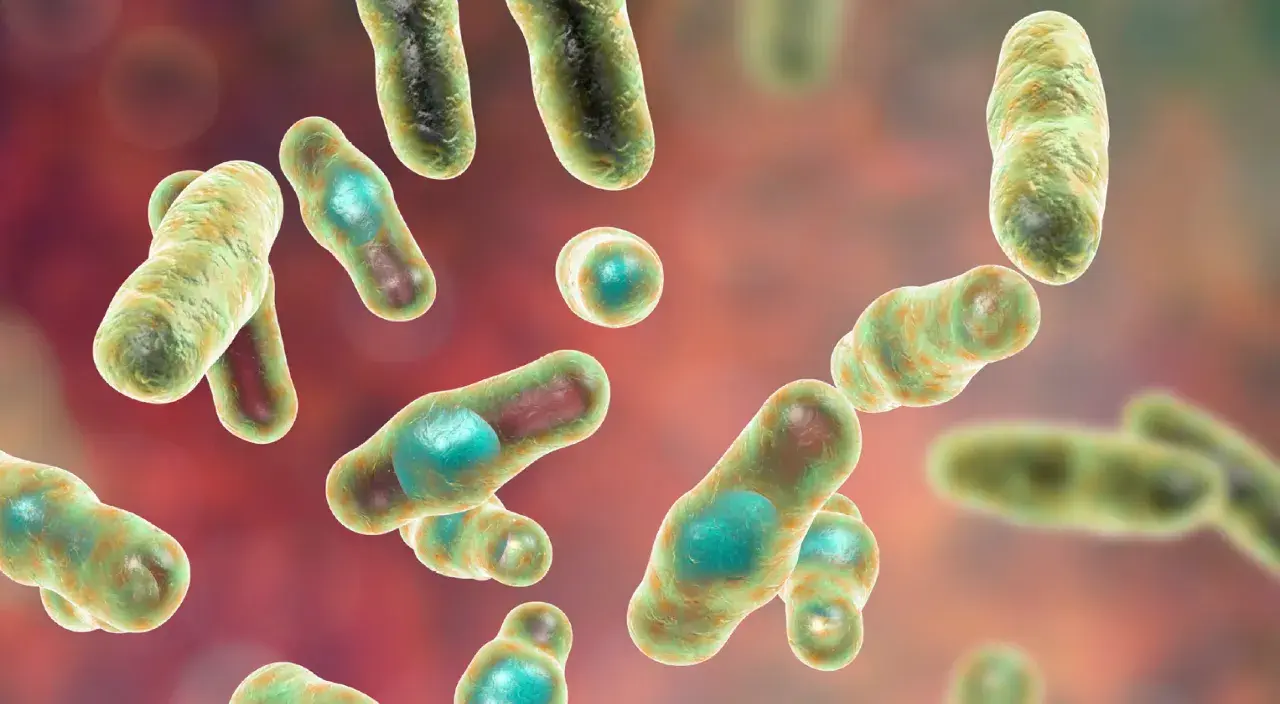 Ilustracja mikroskopowa bakterii Clostridium, pałeczek z zielonymi endosporami.