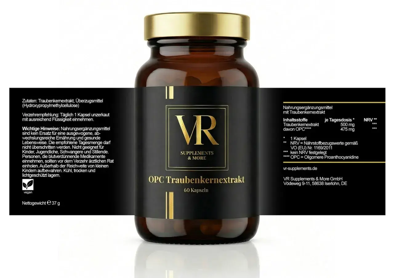 Braune Glasflasche mit VR OPC Traubenkernextrakt Kapseln. Gut für die Unterstützung bei Diabetes.