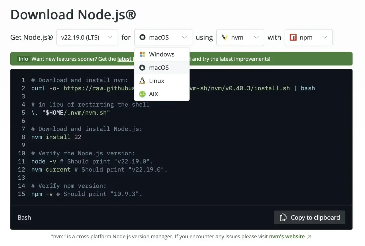 Instructions pour installer Node.js sur Ubuntu via nvm. Le code montre le téléchargement et l'installation de nvm, puis de Node.js.