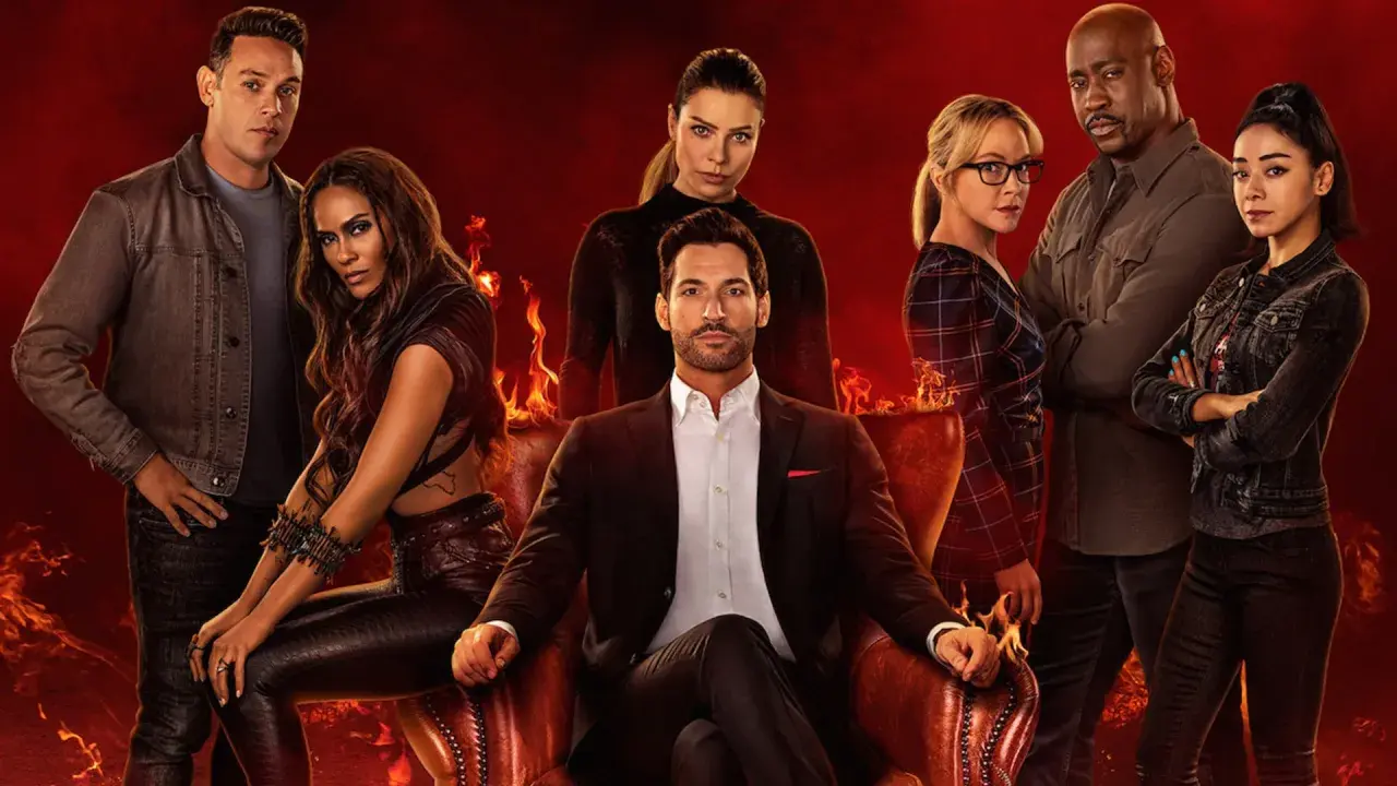 Le casting des épisodes de Lucifer, avec Lucifer Morningstar au centre, entouré de ses acolytes sur fond de flammes infernales.