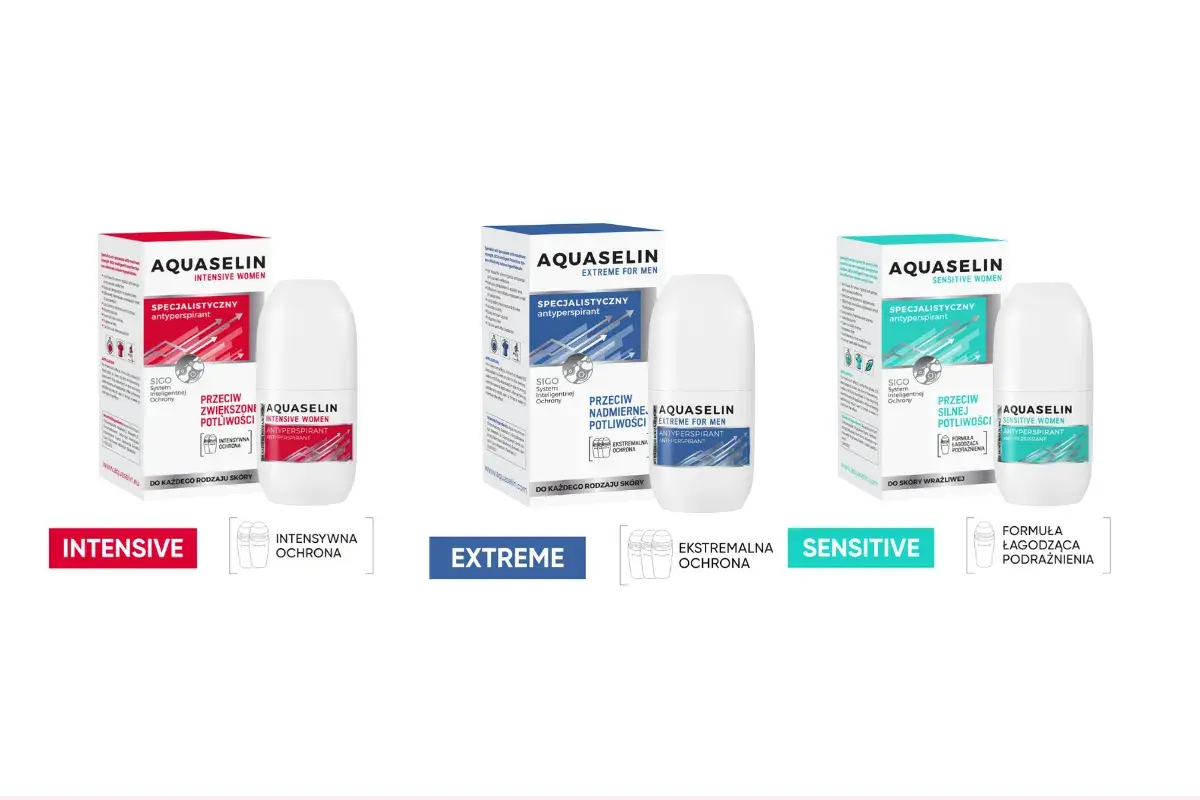 Trzy antyperspiranty Aquaselin: Intensive dla kobiet, Extreme dla mężczyzn i Sensitive dla kobiet, każdy z unikalną formułą.