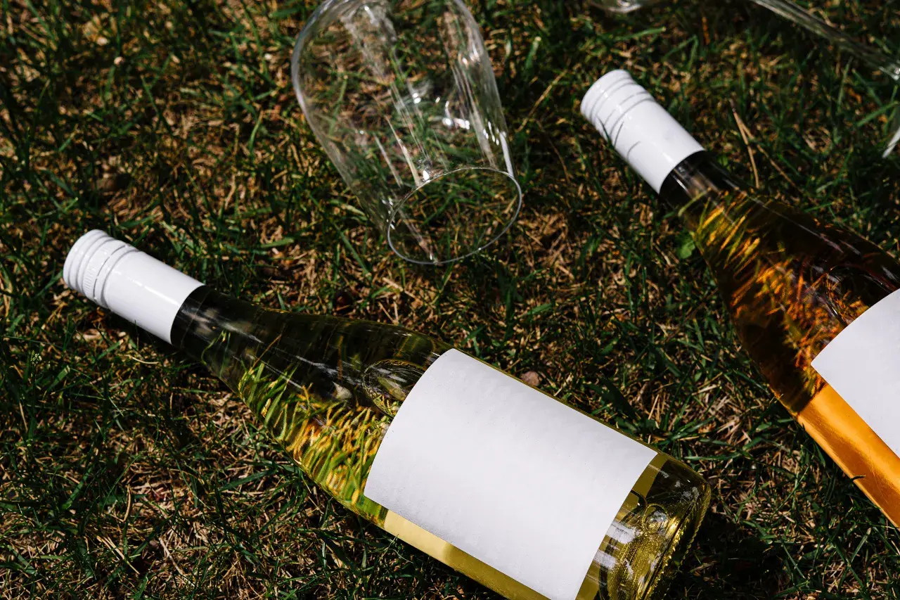 Dwie butelki wina i przewrócony kieliszek na trawie. Czy to wino organiczne, biodynamiczne czy naturalne?