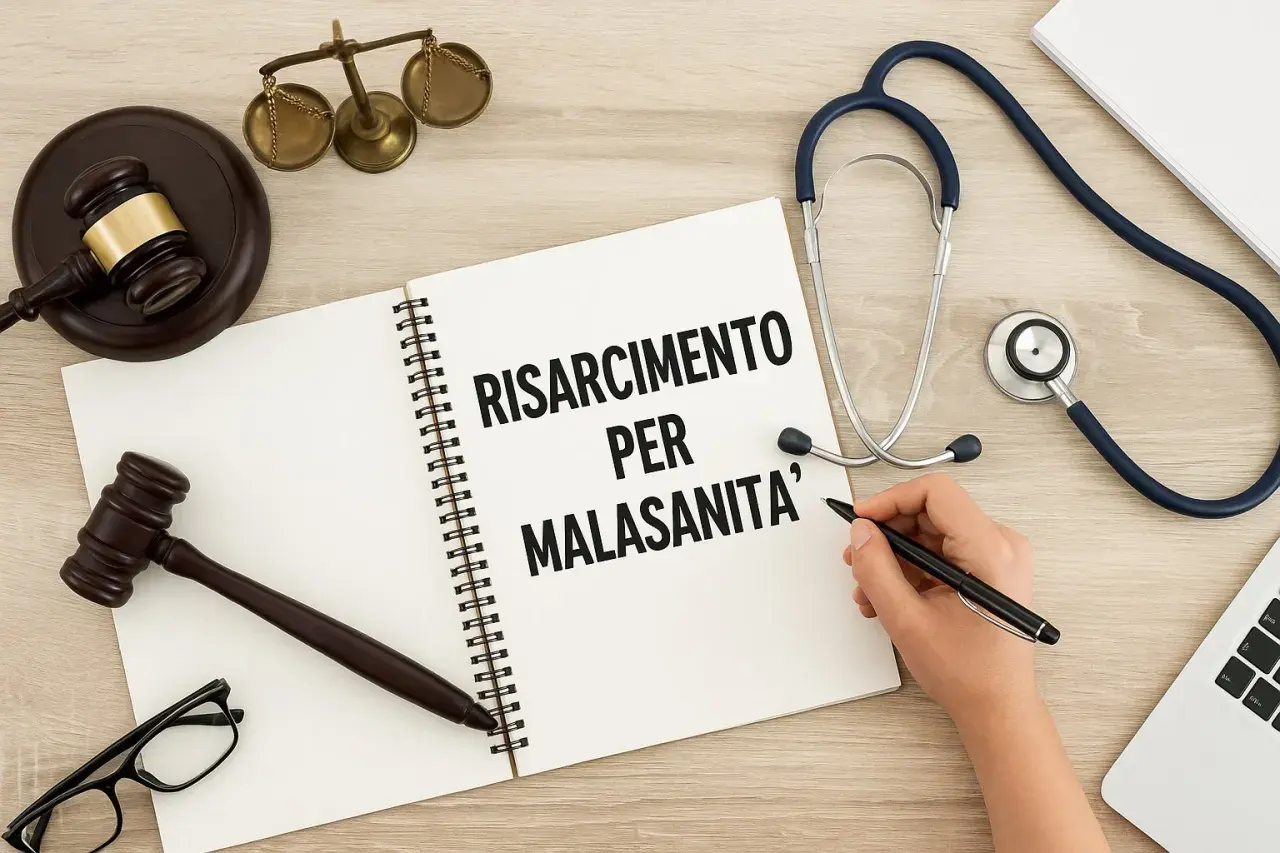 Bilancia della giustizia, martelletto e stetoscopio su un tavolo. Un quaderno aperto mostra "RISARCIMENTO PER MALASANITA'", evocando il decreto Balduzzi.