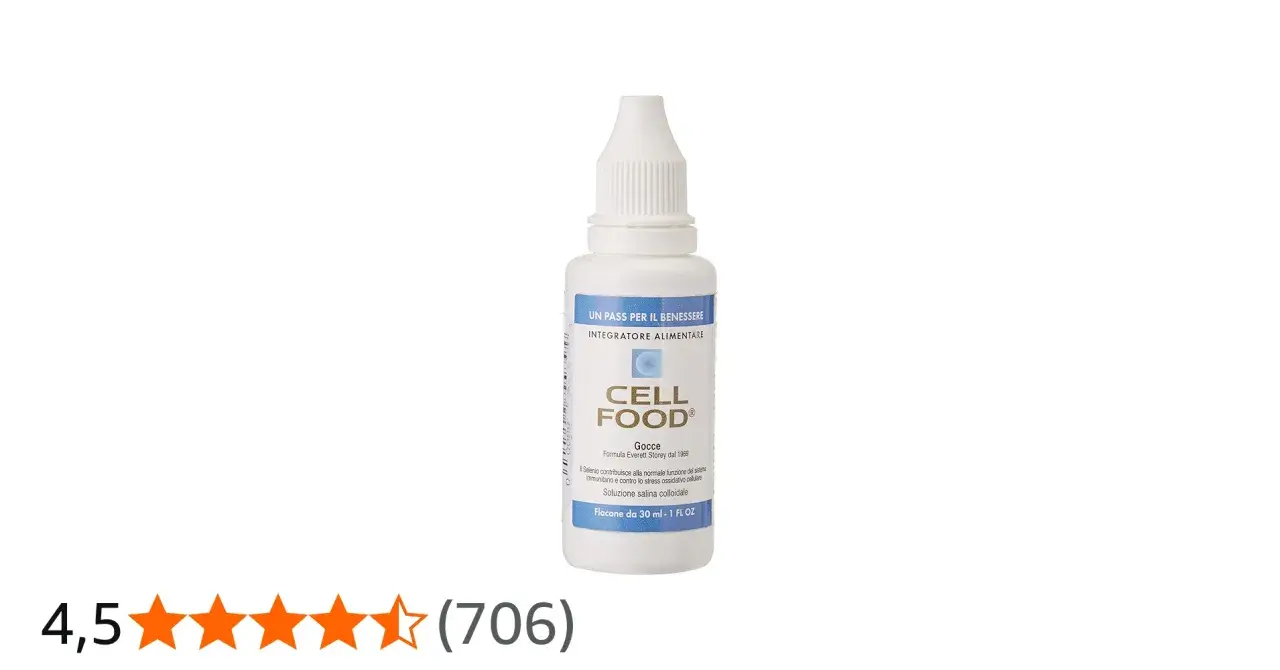 Flacone di Cell Food, integratore alimentare in gocce. Le opinioni mediche sul prodotto sono positive, evidenziando il suo supporto al benessere.
