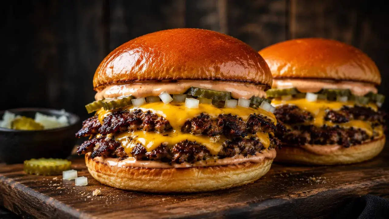 Zwei saftige, smashed burger mit geschmolzenem Käse, Gurken und Zwiebeln auf einem Holzbrett.