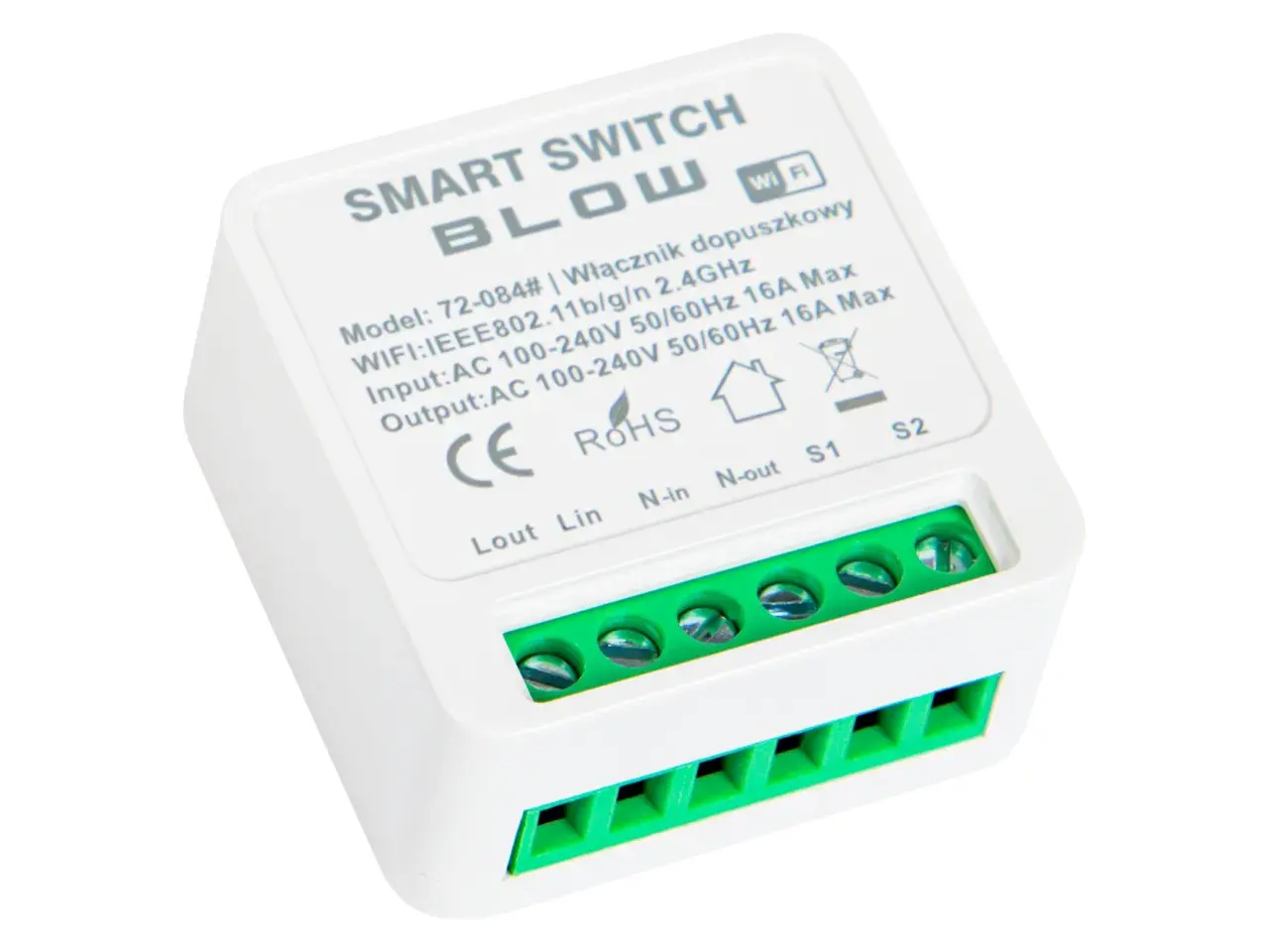 Biały moduł do **tuya automatyzacja** z zielonymi złączami śrubowymi. Włącznik smart z Wi-Fi, idealny do inteligentnego domu.