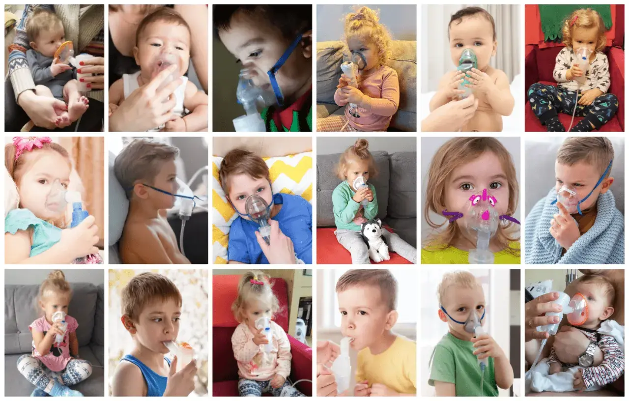 Kolaż zdjęć dzieci w różnym wieku używających inhalatorów nebulizatorów.