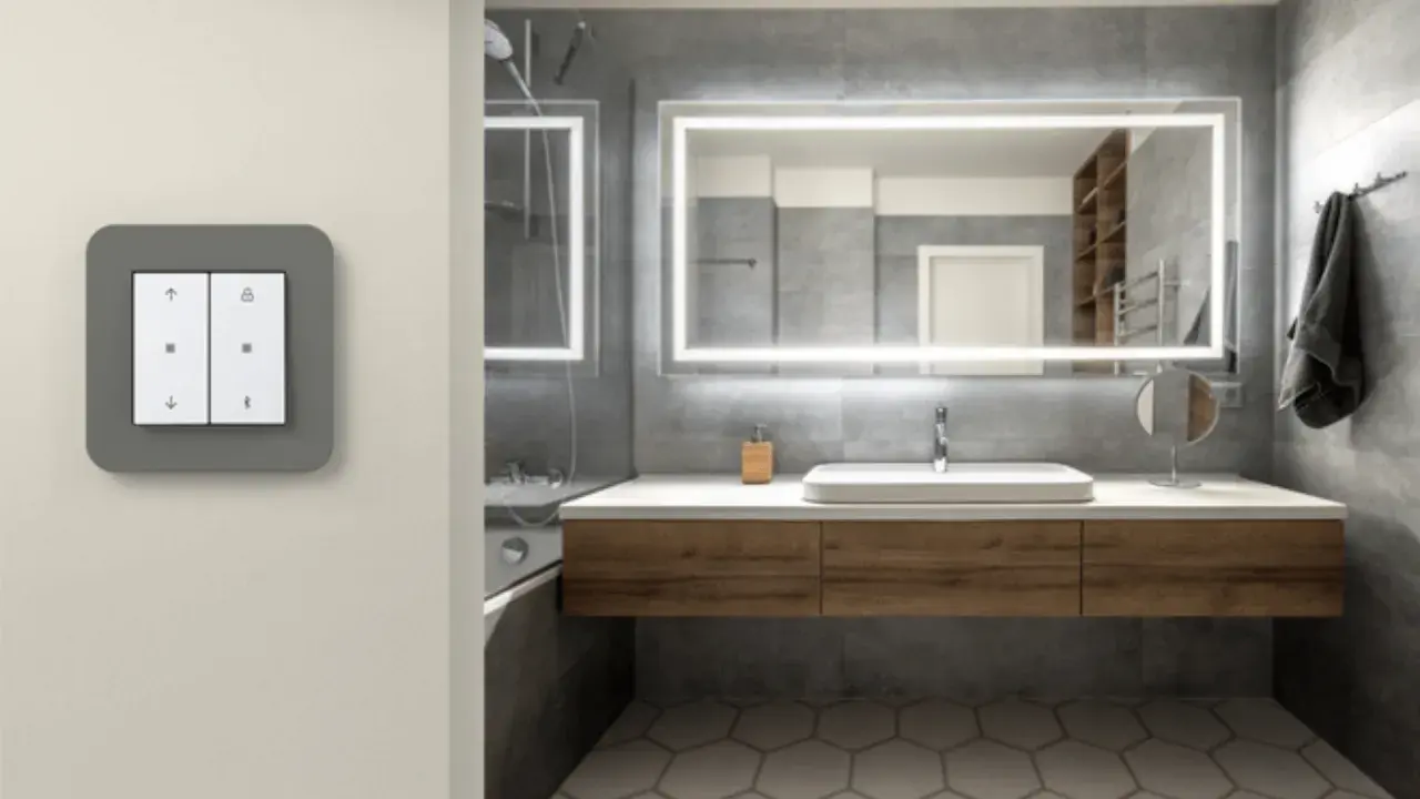 Moderner Schalter mit Pfeilen und Schloss-Symbolen, ideal platziert in **Abstand zur Steckdose** und zum **Waschbecken** im stilvollen Badezimmer.