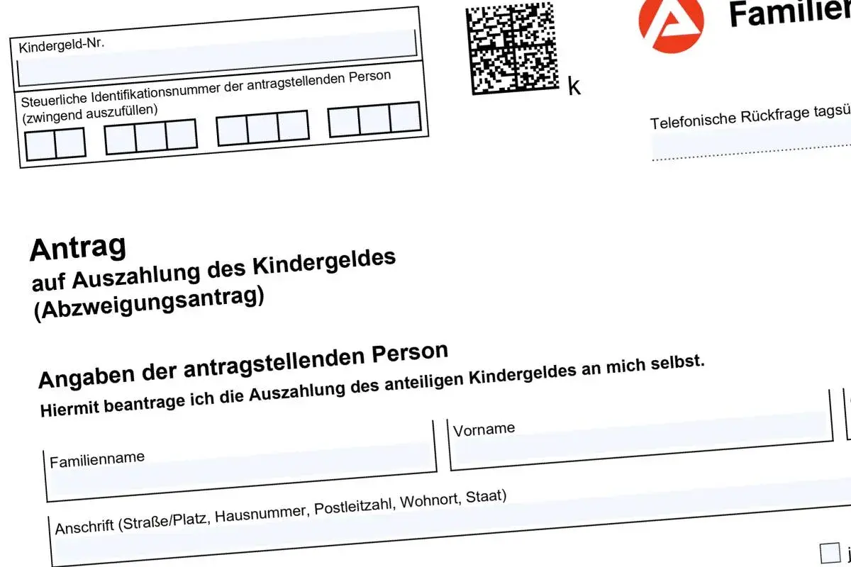 Antrag auf Auszahlung des Kindergeldes. Formular für den Abzweigungsantrag, relevant für den kinderfreibetrag 0, 5 oder 1.