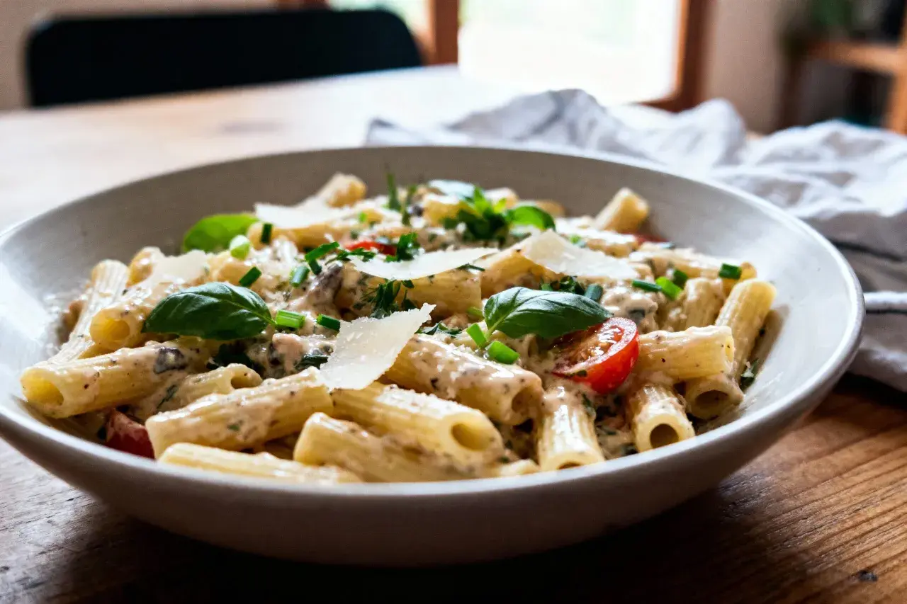 Un plat de pâtes crémeuses, garni de basilic frais, de copeaux de parmesan et de tomates cerises. Un assaisonnement salade de pâtes parfait pour un repas savoureux.