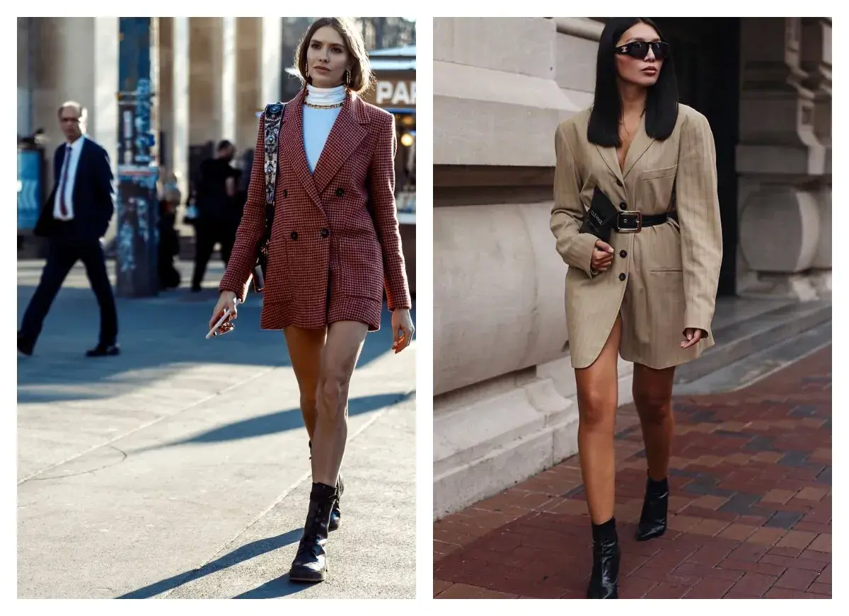 Deux femmes arborent un blazer avec robe courte. L'une porte un blazer à carreaux rouge, l'autre un blazer beige ceinturé.