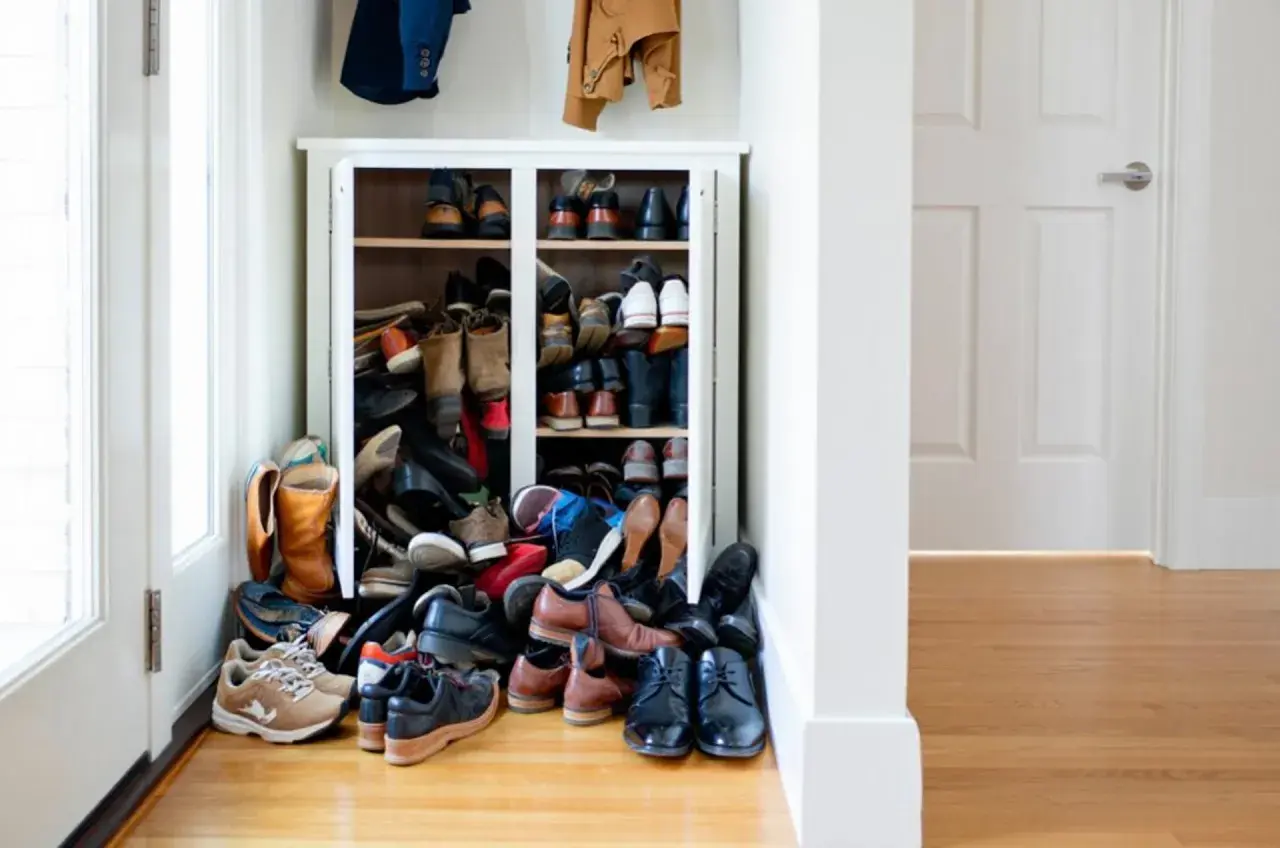 Un placard débordant de chaussures, montrant comment ranger des chaussures dans un placard pour un maximum d'espace.