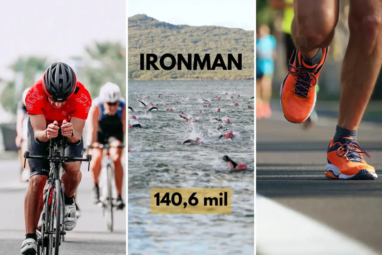 Kolarz, pływacy i biegacz w akcji podczas zawodów Ironman. 140,6 mil to dystans do pokonania.