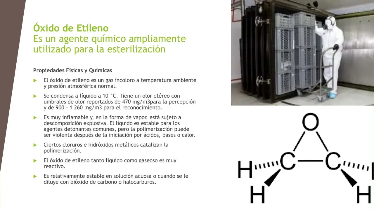 Persona con traje protector carga cajas en cámara de esterilización con óxido de etileno. Estructura química del óxido de etileno.